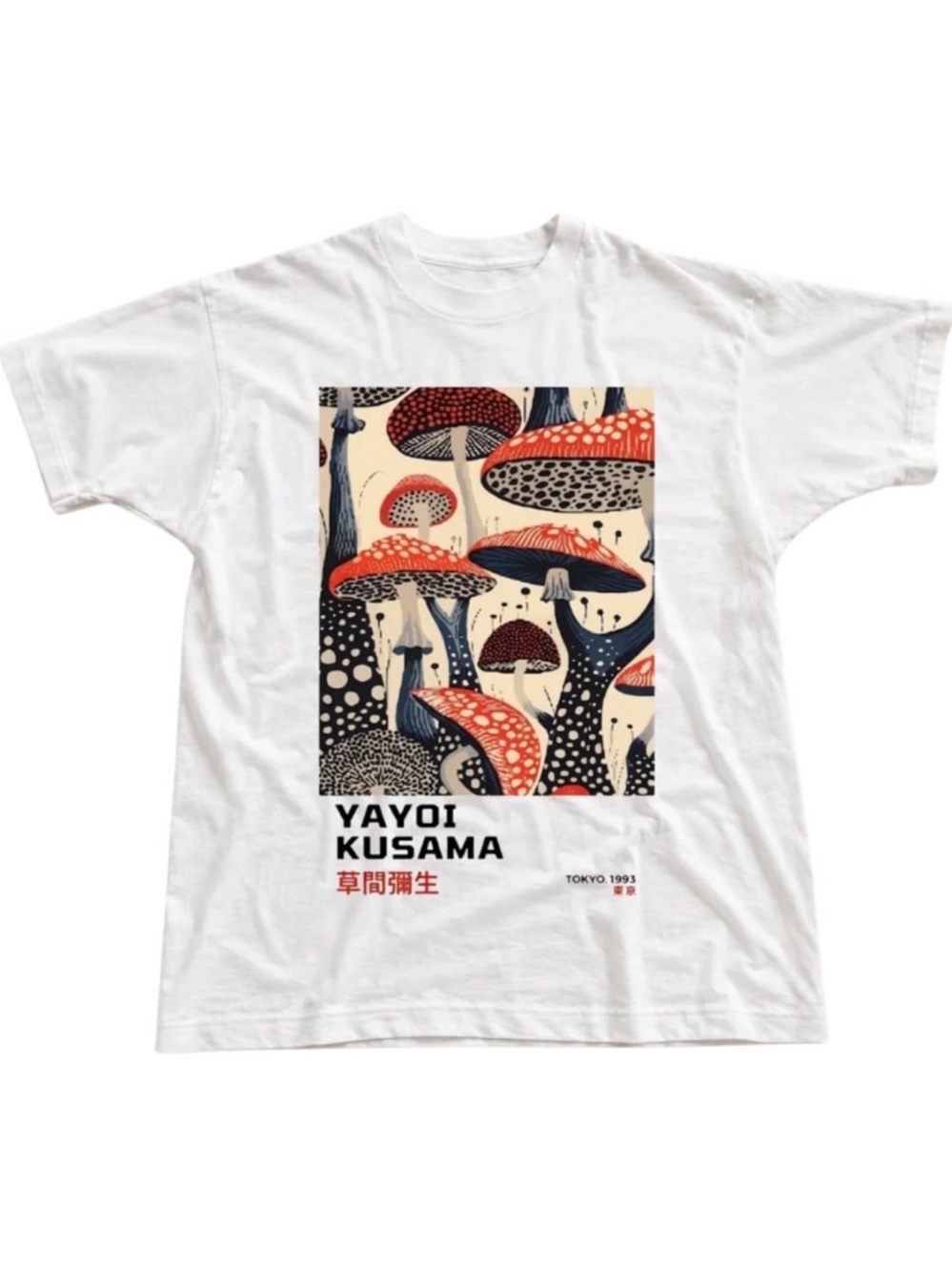 White Tee with Red & Navy Mushroom Art